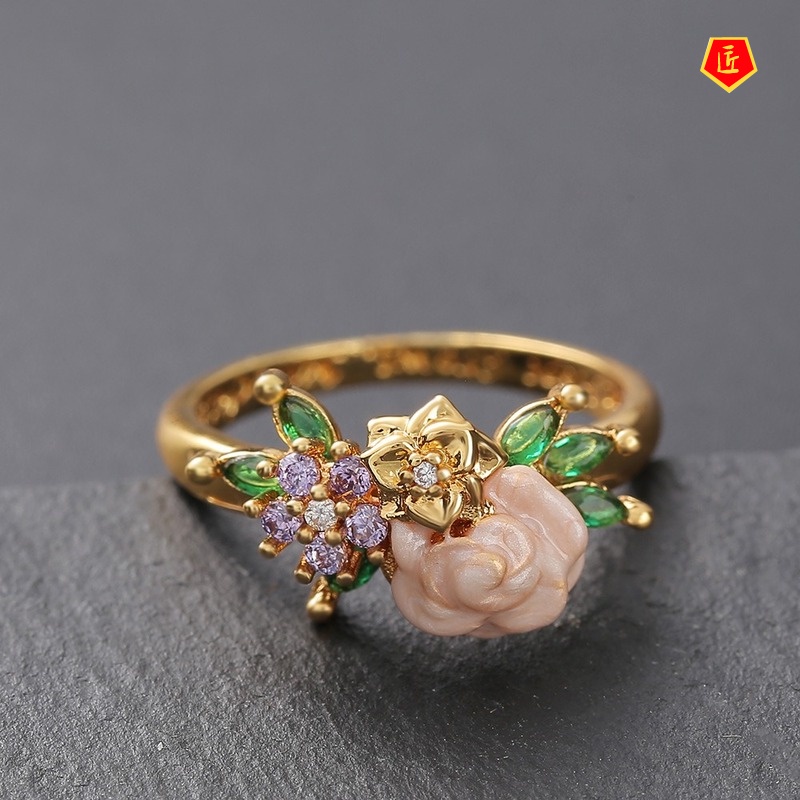 [Ready Stock]New Creative Inlaid Diamond Flower Ring Exquisite Fashion