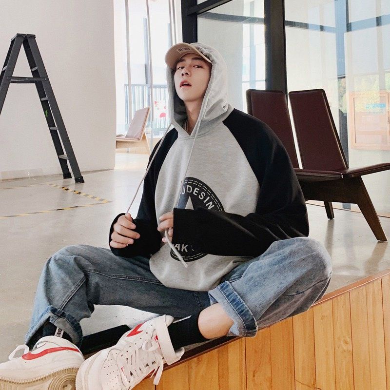 (S - 6XL) Hoodie RAGLAN MIX kombinasi 2 Warna BIGSIZE Jaket Jumper CONVERSE Streetwear Korean Harajuku Unisex OVERSIZE Two Tone Jaketin aja Hitam Grey Gray