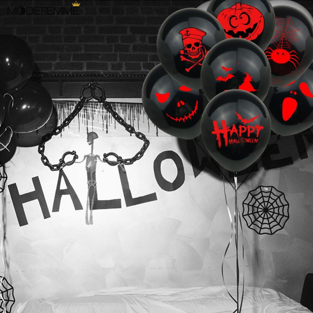 10 Pcs Balon Latex Motif Print Wajah Hantu Tengkorak Warna Hitam Untuk Dekorasi Pesta Halloween