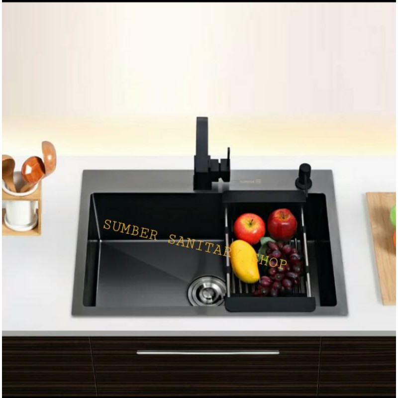 kitchen sink onan 6045 black komplit set kran tarik   bak cuci piring 6045 hitam komplit set