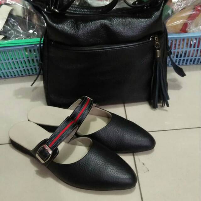 Spaket tas + sandal kulit asli