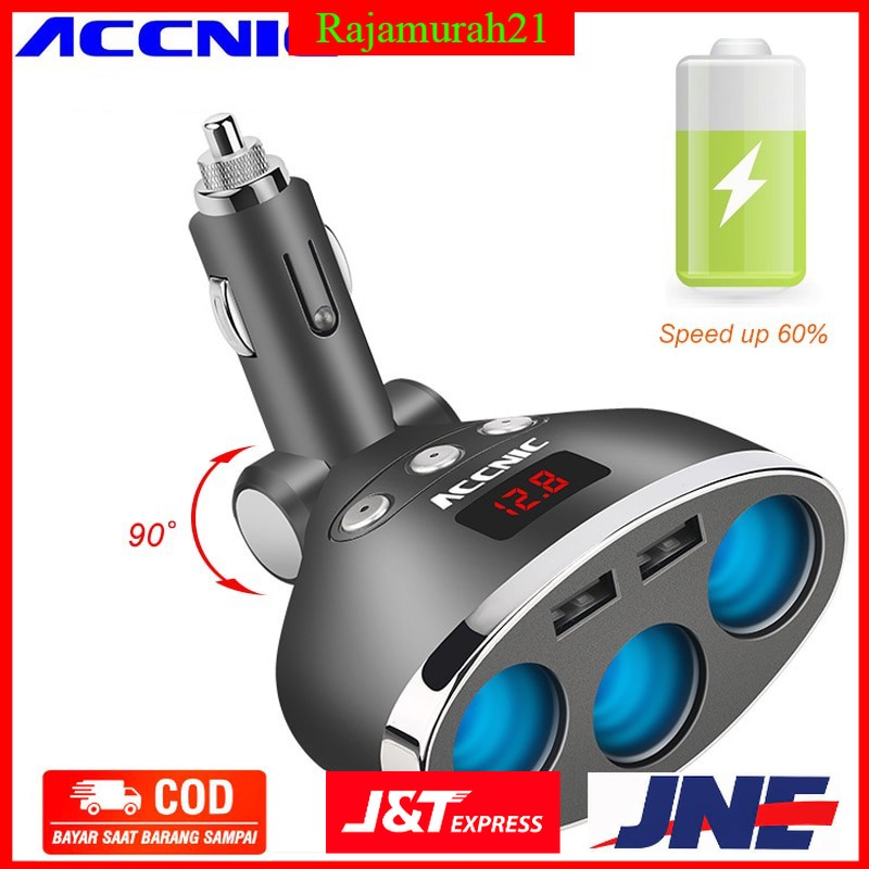 PROMO Accnic Car Charger 2 USB Port + 3 Cigarette Plug 3.4A LCD Display - T3 - Black