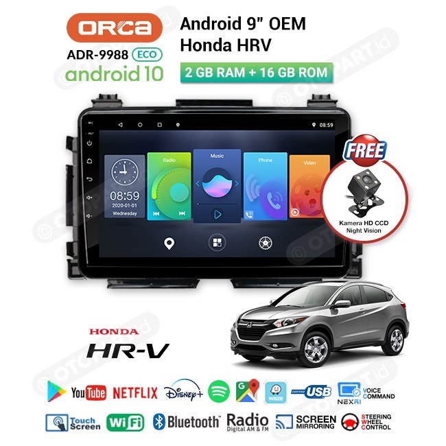 Head Unit TV Android 9" inch + Frame OEM Honda HRV 2015-2021 ORCA - ECO 2+16GB