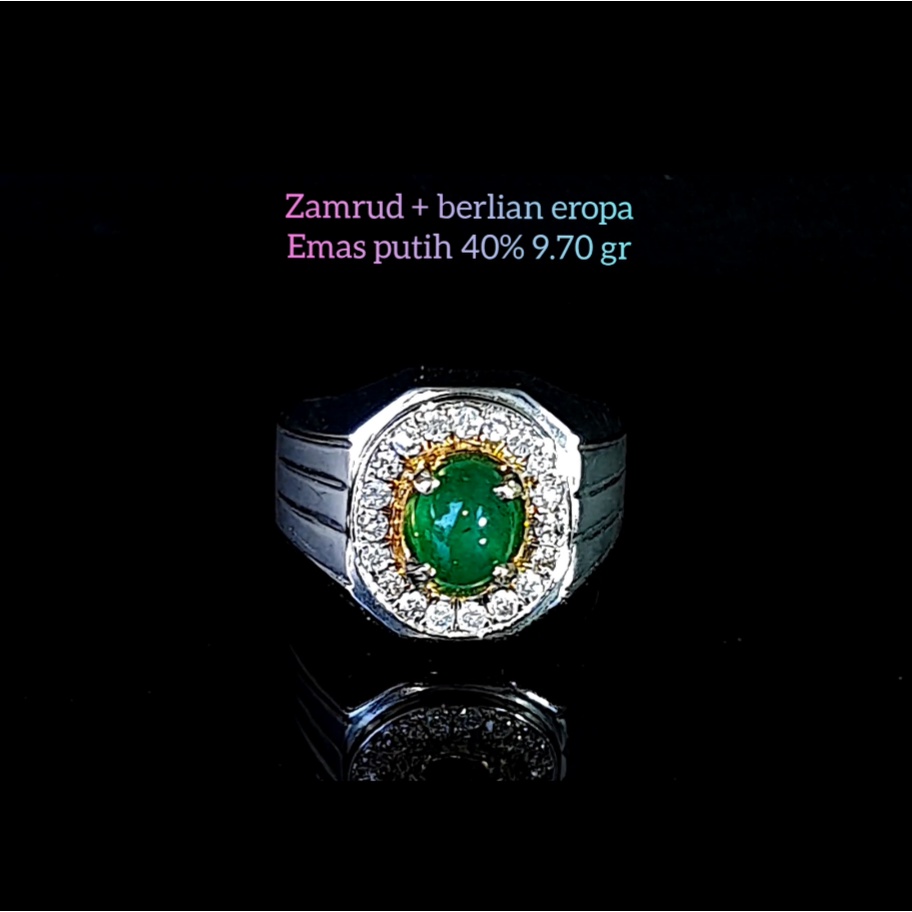 Cincin cowok zamrud + berlian bahan emas putih kode 1091