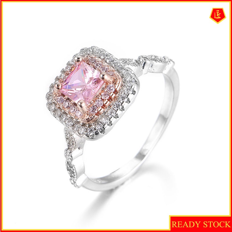 [Ready Stock]925 Silver Pink Micro-Inlaid Square Rhinestone Ring