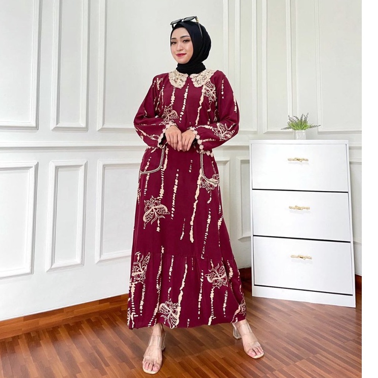 Daster Arab Kupu Rintik Longdress Wanita Dewasa Kekinian Terbaru 2021 2022 Bahan Rayon Lengan Panjang Ld 100 110 Model Arabian Renda Busui Resleting Motif Kupu Rintik Size L XL Murah Harga Grosir-Maroon