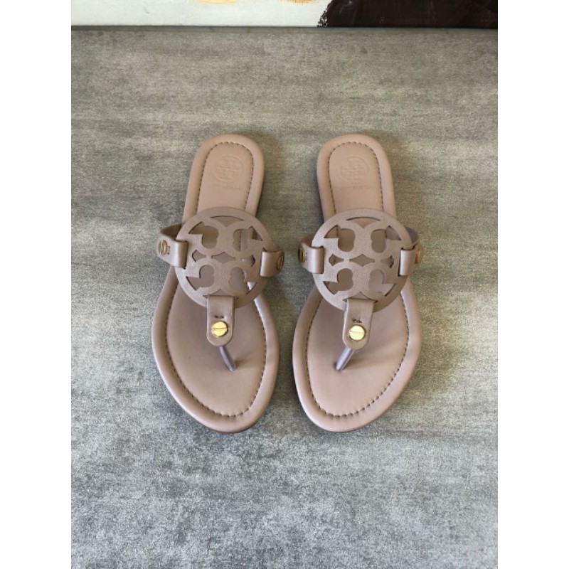 TB Miller Flat Leather Logo Slide Sandals Taro