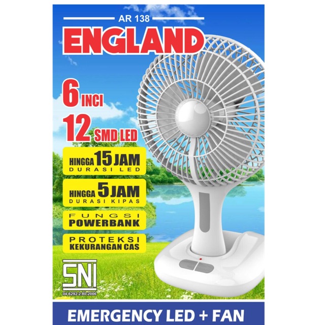 Kipas Angin Portable + Lampu Emergency Lamp Fan 6 Inch 6” Charge Surya England SDR 22 / SDR22
