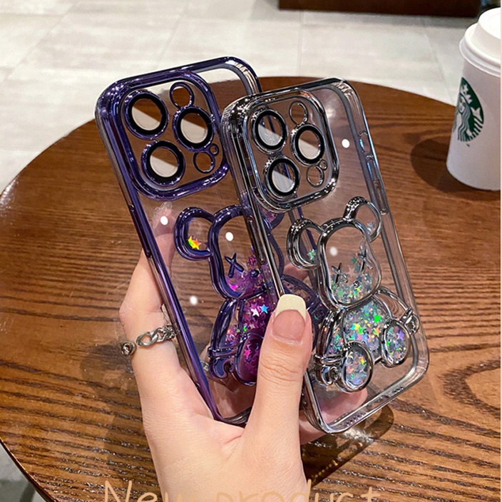 Creative Fun Cartoon Liquid Bear for Lensa Proteksi Kamera Case iPhone 14 Pro Max Case 13 12 11 Pro Max 14 Plus Promax Aesthetic transparent shockproof soft back