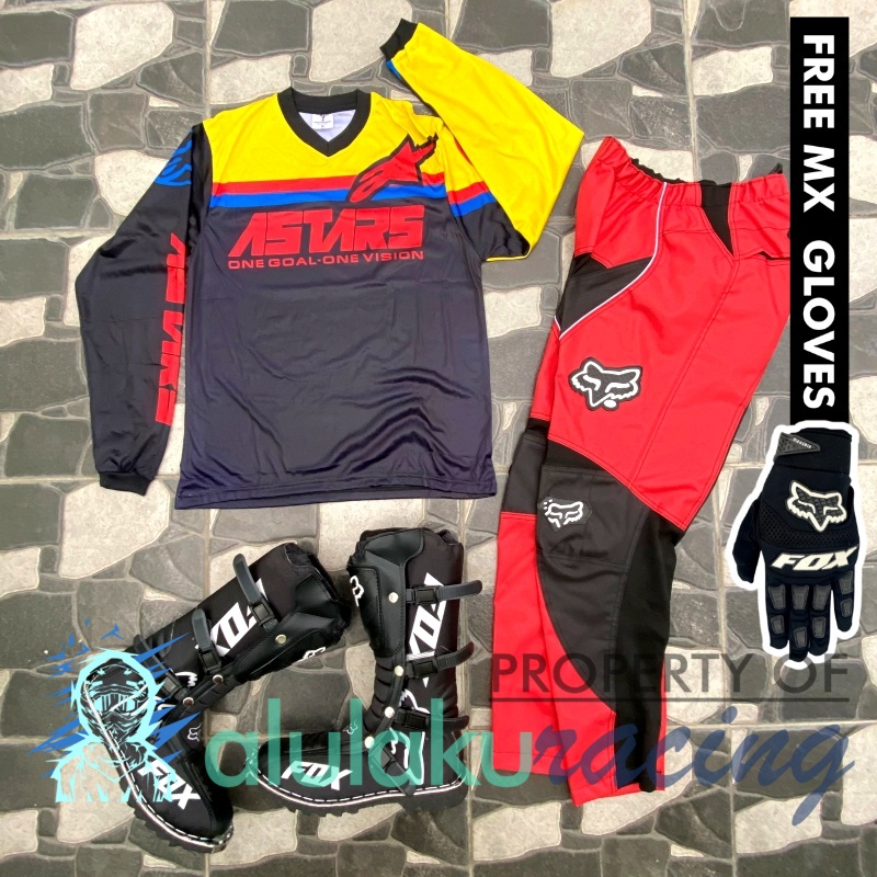 Jersey, Celana, Sarung Tangan &amp; Sepatu Fullprint with Protectors Fullset MX Trail Motocross - Paket Bundling ASCTFG040301-F41