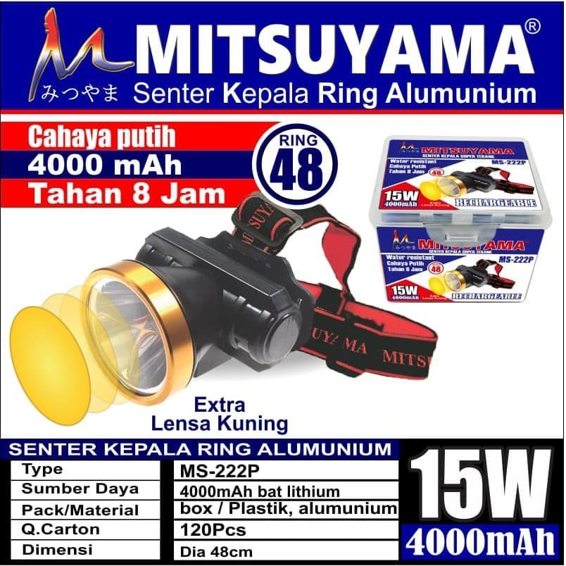 senter kepala ring aluminium MITSUYAMA 4000 mah senter out door pendaki gunung Ms-222P