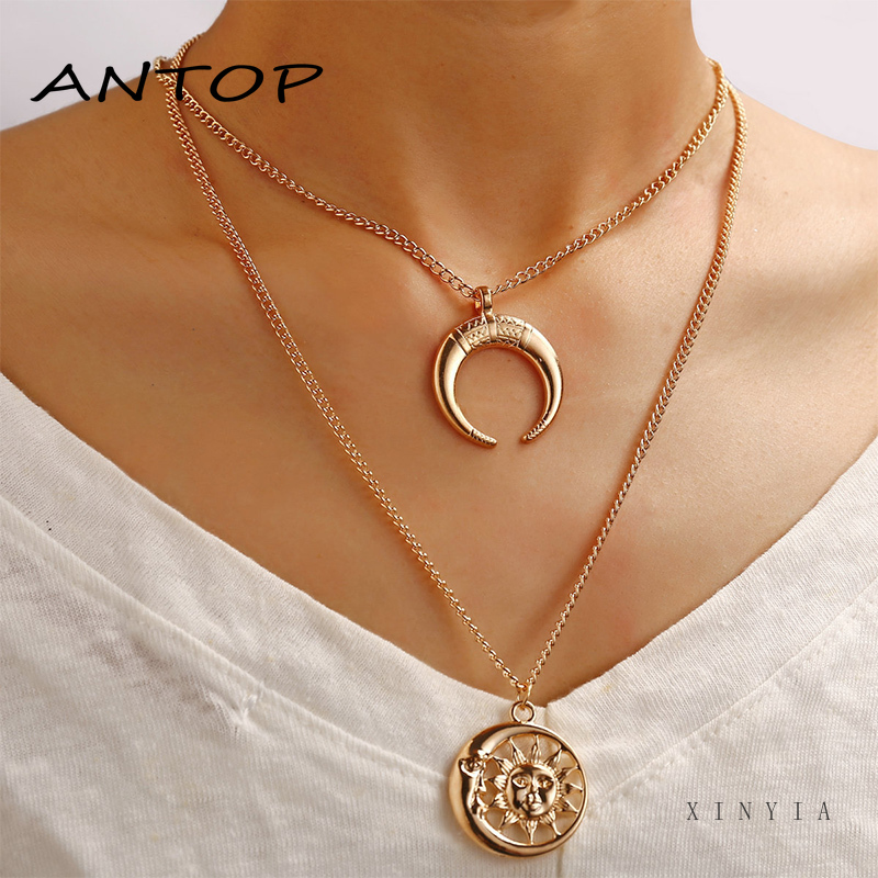 Kalung Choker Multilayer Dengan Liontin Bulan Warna Emas Untuk Wanita ANTOP