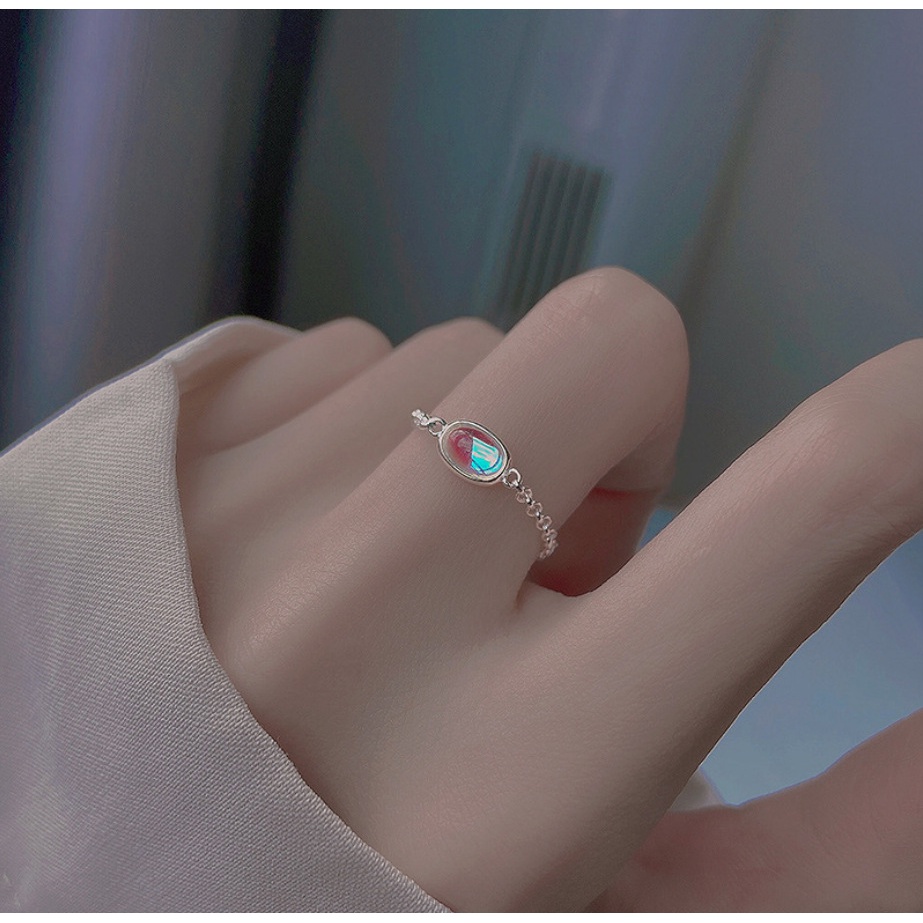 Fashion Women Jewelry Alloy Plated Silver Artificial Moonstone Circle Chain Finger Ring