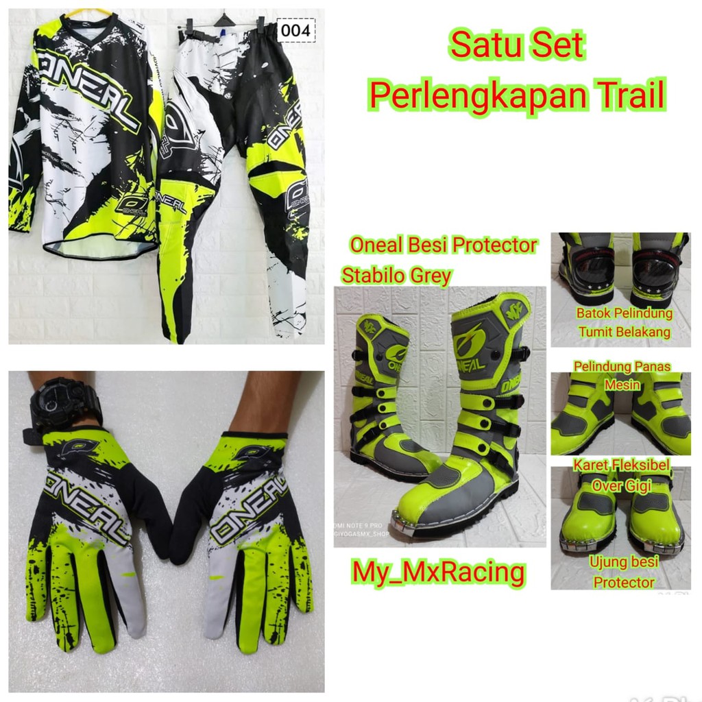 jerseyset cross , sepatu trail &amp; sarung tangan motor cross trail FULSET oneal stabilo abu