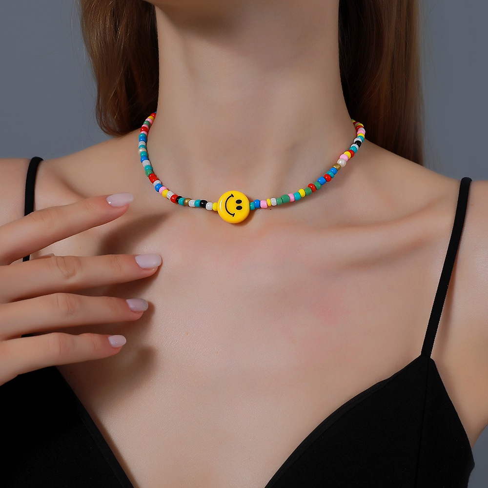 IFYOU Colorful Flower Smiley Heart Necklace Pearl Beads Chain Choker for Women Accessories Jewelry