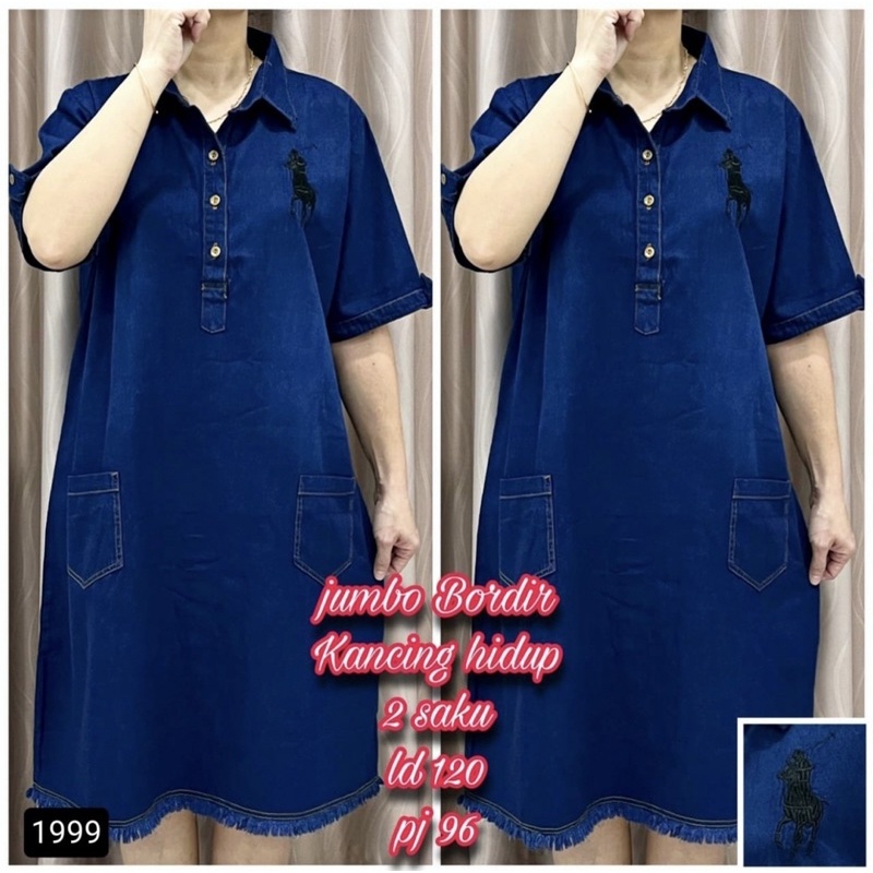 DRESS LENGAN PENDEK JEANS BORDIR JUMBO LD 120