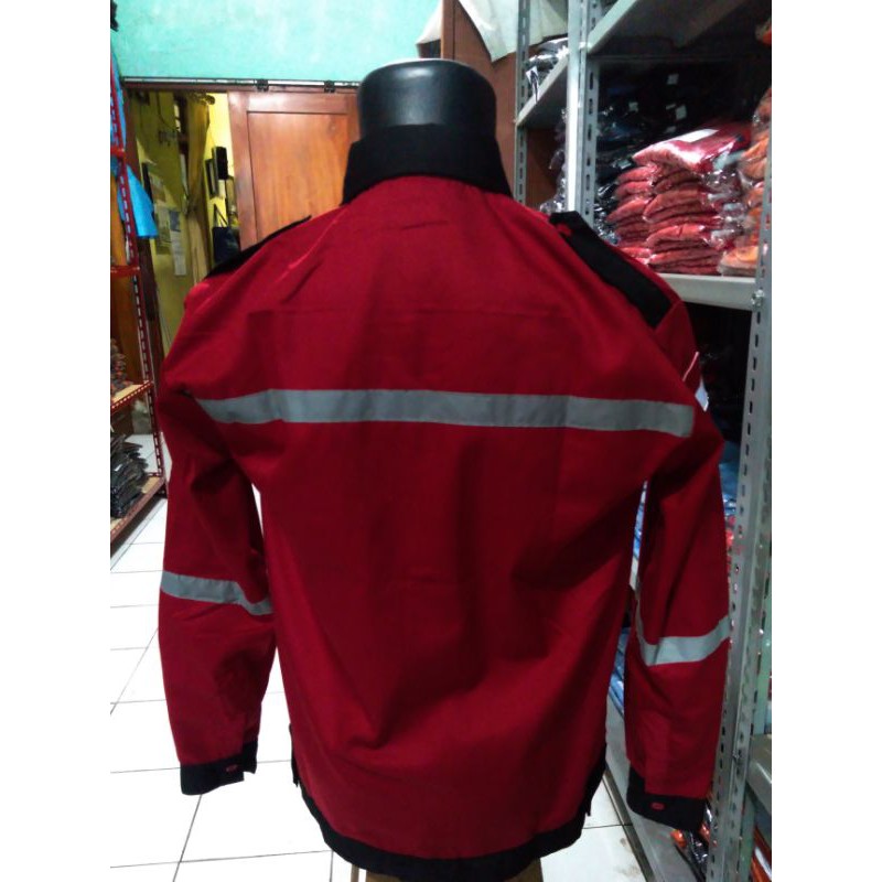 SERAGAM BAJU SAFETY MERAH LIST HITAM FREE LOGO K3 BENDERA KAIN DRILL TEBAL ADEM PREMIUM KANCING