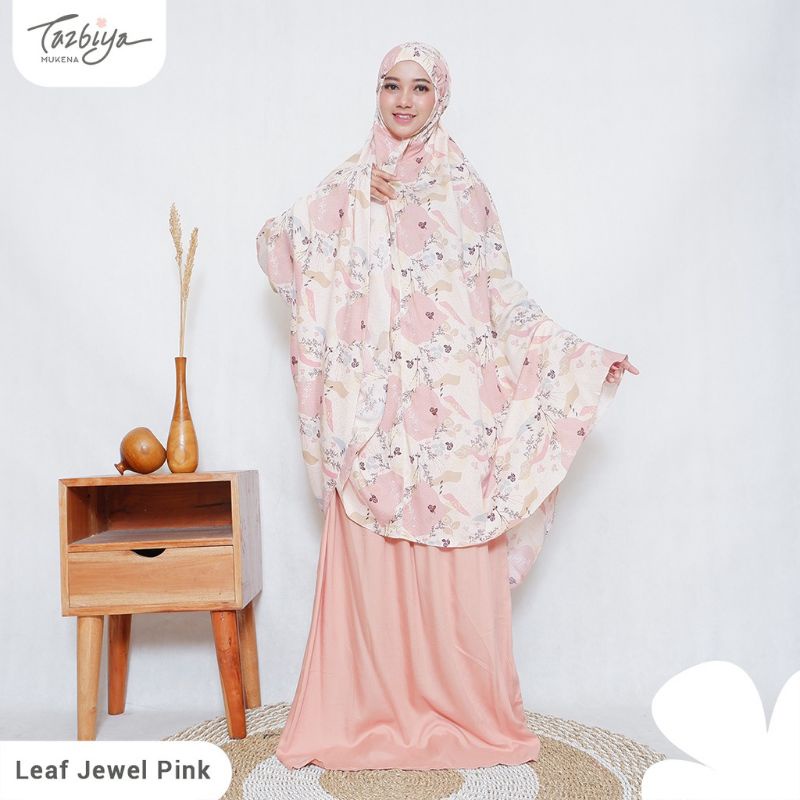 Mukenah Tazbiya Leaf Jewel Pink Crimson Grey Jumbo Dewasa Katun Rayon Adem Motif Cantik