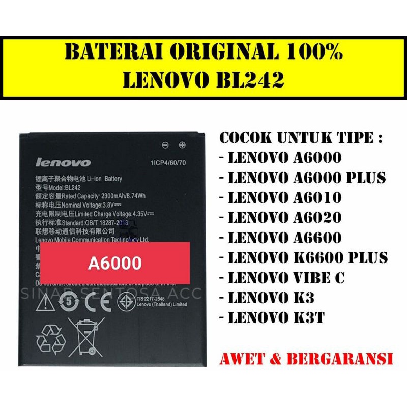 BATERAI LENOVO A6000/A6000+/A6010/A6020/A6600 BL 242