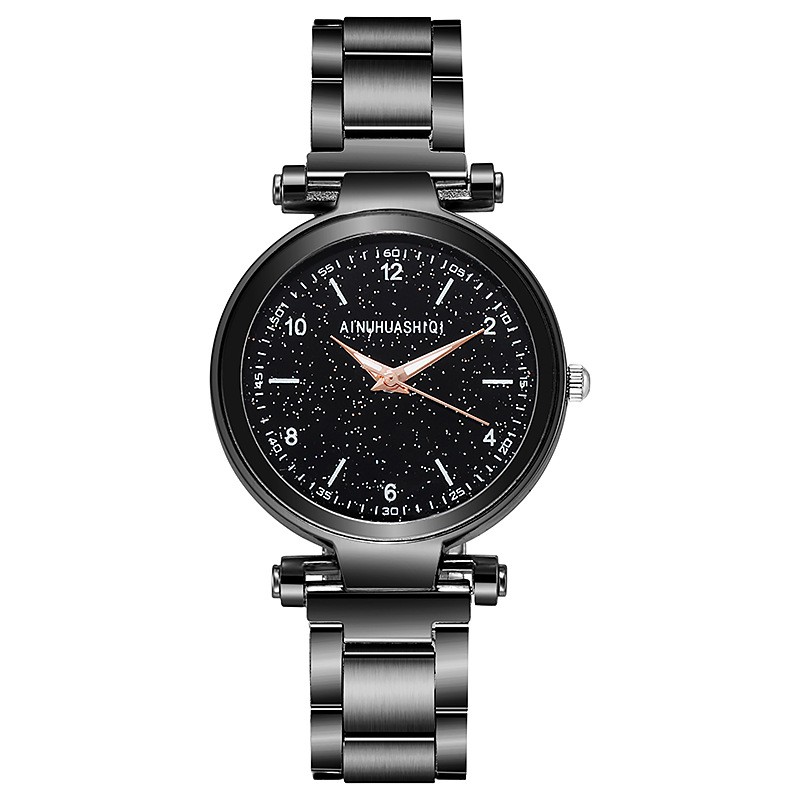 Jam Tangan Wanita Analog Fashion Dengan Strap Stainless Steel Quartz Dial Bulat Import-45-8 Hitam