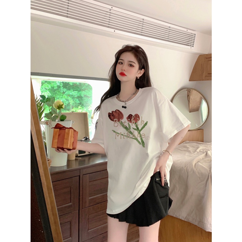 XIAOZHAINV Korean Style Tulip Pattern Printing Kaos Wanita A0005