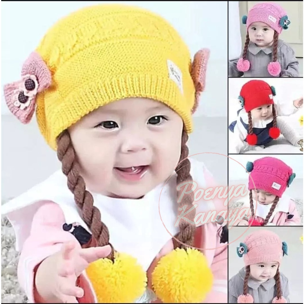 Topi Kupluk Bayi Rajut KEPANG ANAK Cute Pompom Pita Rajut Lucu 1-3 Tahun TP24