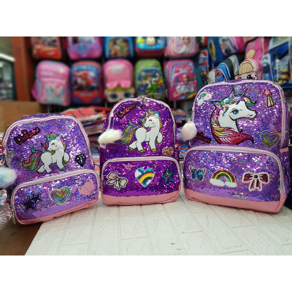 Tas Sekolah Anak SD dan TK Paud Model Sequin Usap Gambar Unicorn LOL Frozen Tas Ransel Anak SD TK PG Perempuan Free Pompom