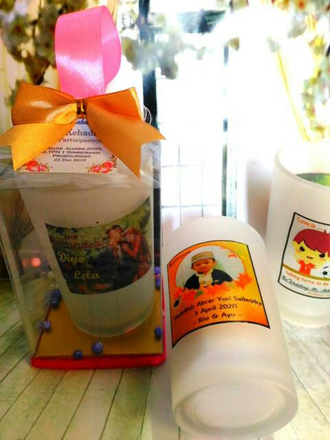 SOUVENIR GELAS PERNIKAHAN, SOUVENIR GELAS ULTAH, KHITAN, SOUVENIR BAYI, GELAS DOFF SABLON DECAL WARN