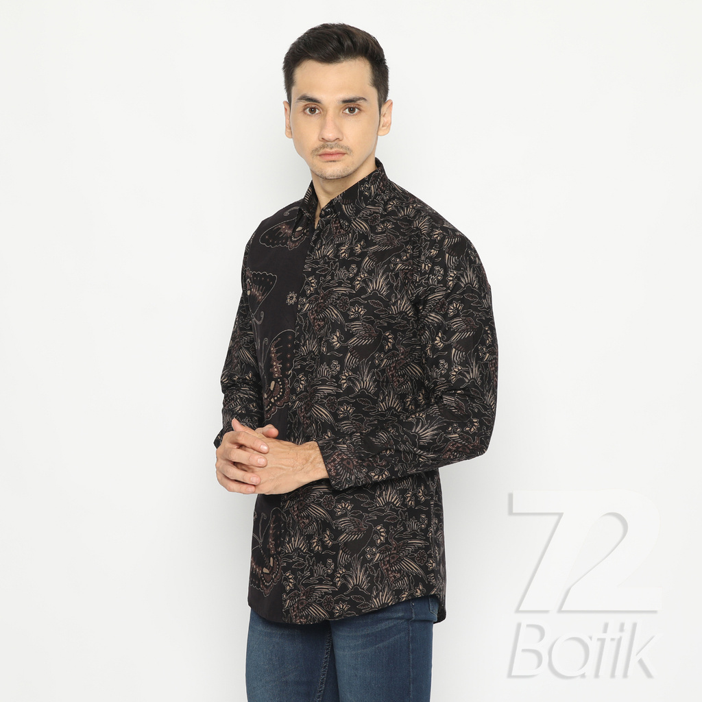 KEMEJA BATIK PRIA Lengan Pendek Slimfit Premium Bangau Two Tone Siang Sore Hitam 726610 Cap 72 - Baju Kemeja Atasan Pakaian Setelan Batik Pria Cowok Laki Laki Remaja Keluarga Kantor Lengan Pendek Modern Slimfit Slim Fit Premium Kekinian