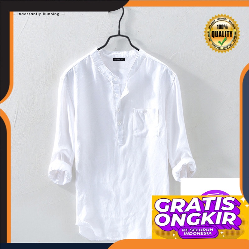 Jual kemeja pria Lengan INCERUN Kemeja Pantai Linen Pria, Lengan 3/4 Kasual Leher Kancing V