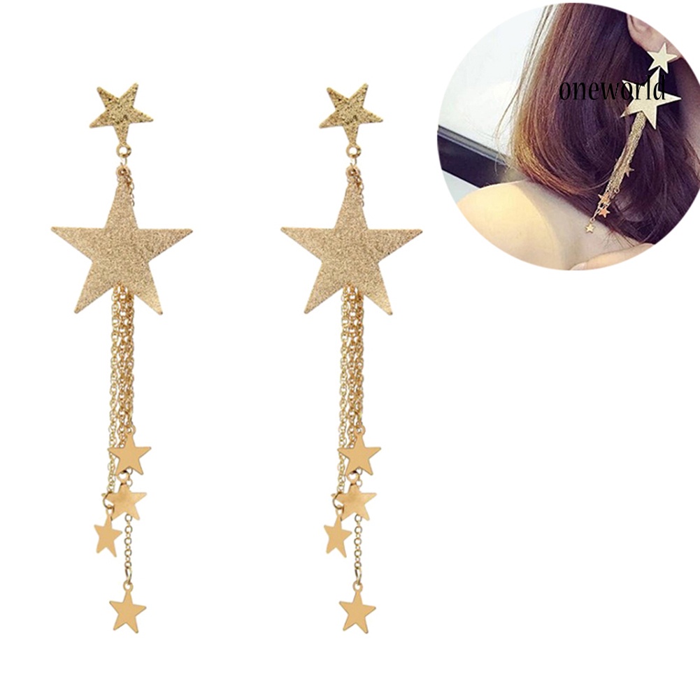 OW@ Women Five-Pointed Star Long Tassel Dangle Stud Earrings Piercing Jewelry Gift