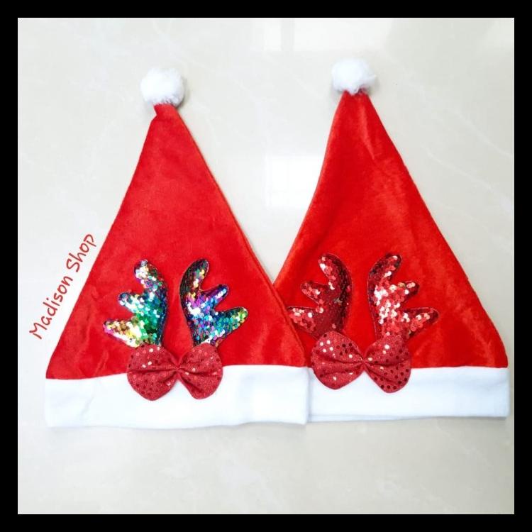 

TOPI NATAL TANDUK RUSA REVERSIBLE SEQUIN MURAH BANDO PITA NATAL MURAH - MERAH