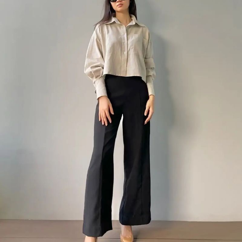 Davi Linen Shirt Kemeja Crop Linen Pocket Wanita Oversize Crop