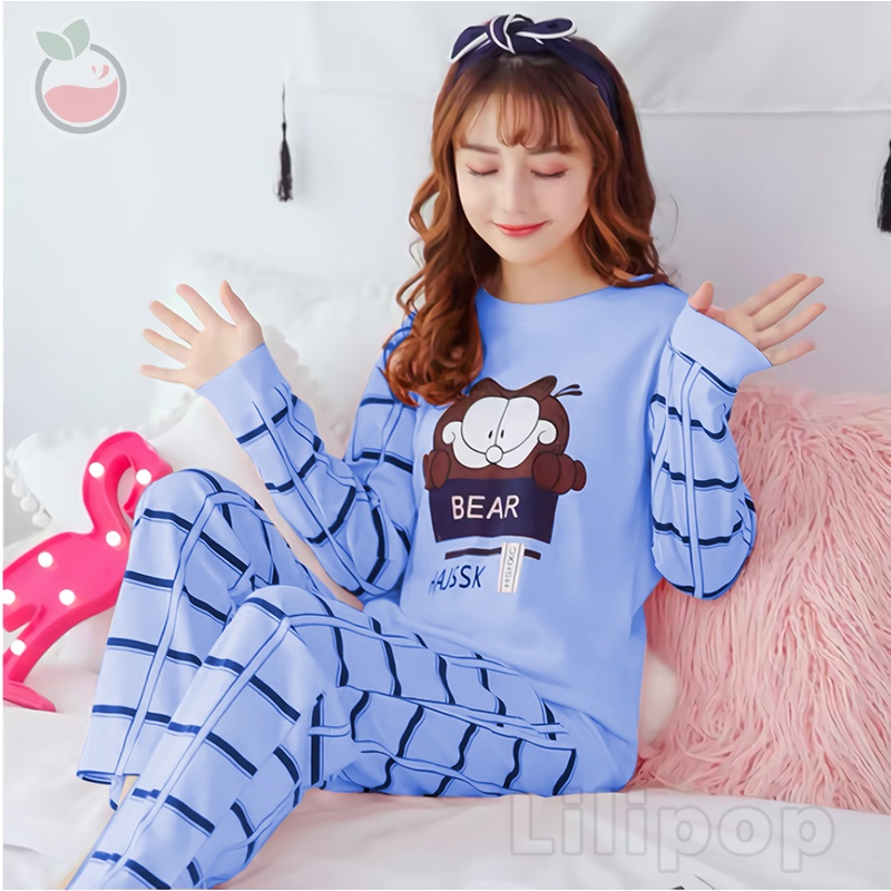 Baju Tidur Celana Panjang Wanita Baby Doll PP Lengan Panjang Bahan Kaos All Size Murah Lilipop