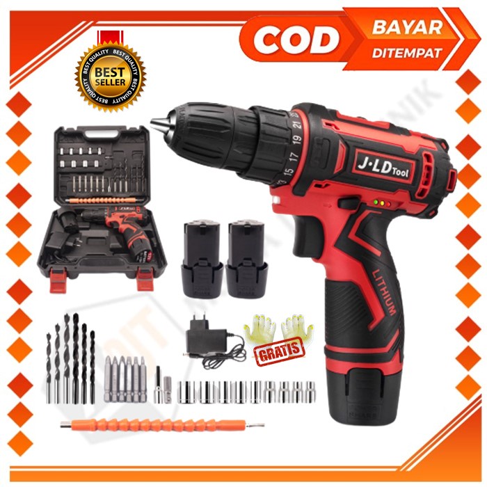 Mesin Bor Cordless 2 Batrai Cas Portable 12v Set Box Komplit Murah JLD Tools