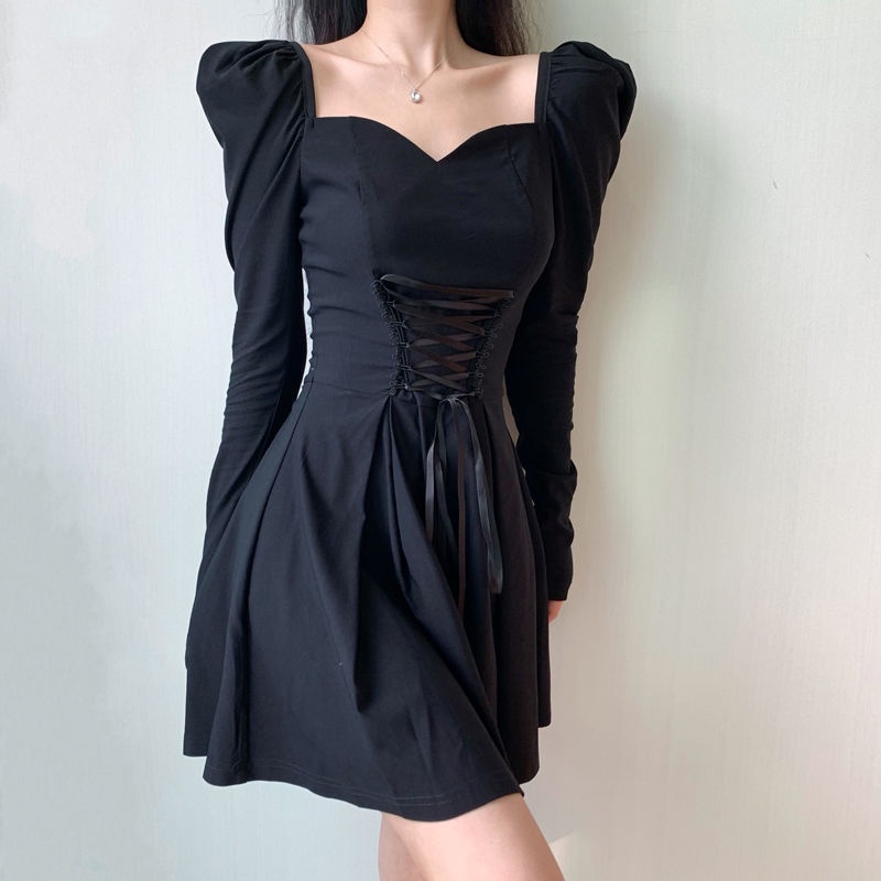 dress korean style french puff sleeve dress square neck waist perban little black dress princess dre