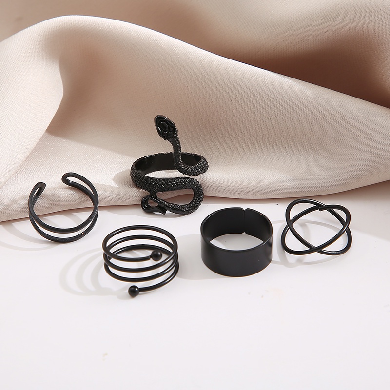 5pcs / Set Cincin Model Terbuka Desain Ular Warna Hitam Gaya Minimalis / Punk Adjustable Untuk Wanita