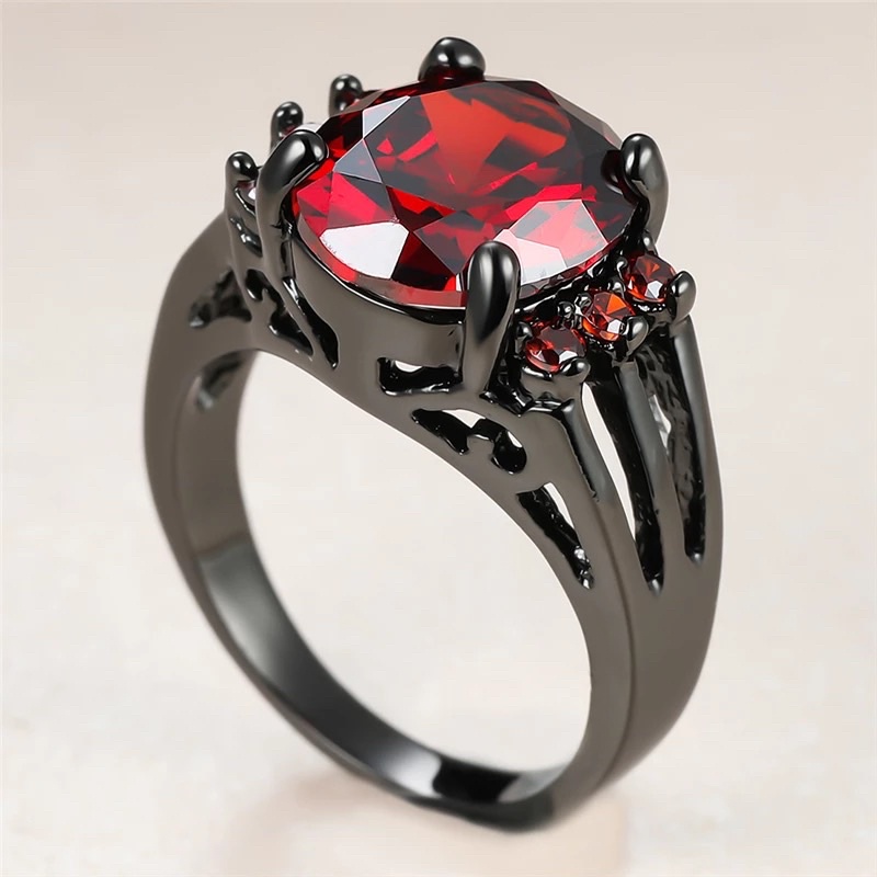 Cincin Batu Ruby Merah Garnet Wanita Pria Ring Gold Filled 14 KT Black Gun Platted