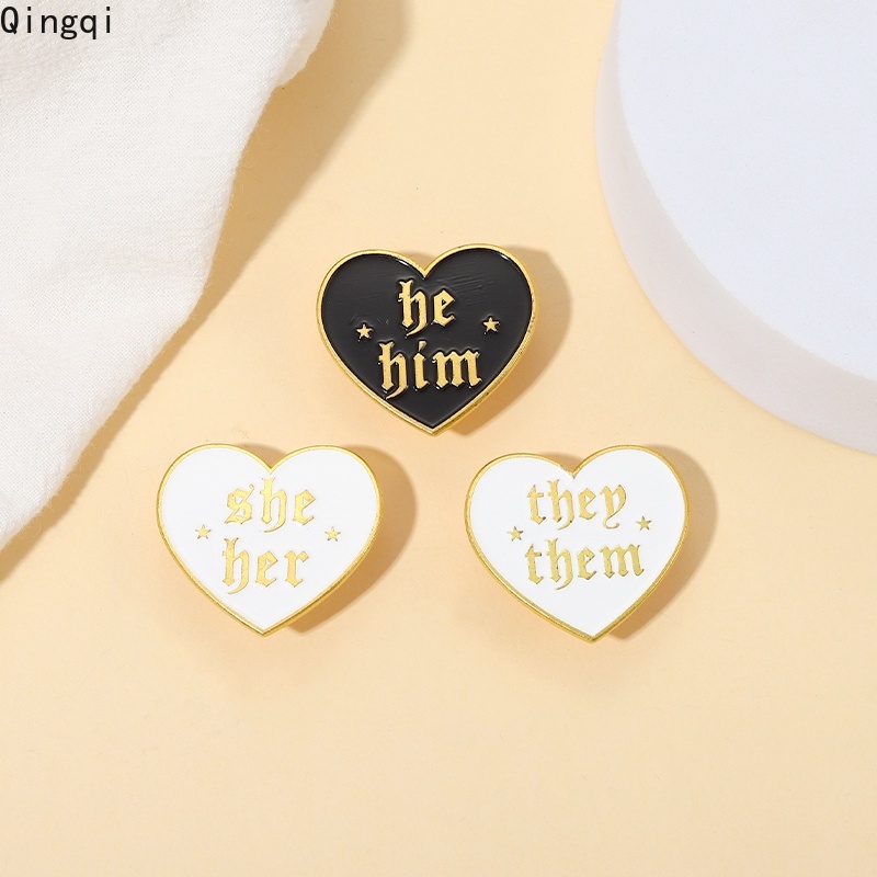 Bros Pin Enamel Bentuk Hati Tulisan HE HIM SHE HER THEY THEM Untuk Hadiah Teman