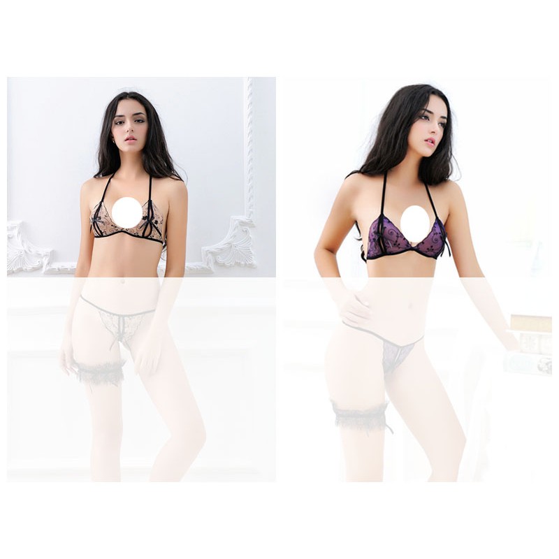 Lingerie Bra G-String Set Sexy Open bordir Bahan Lace B036