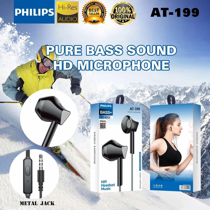 Handsfree Headset Earphone Philips AT-199 Plus Mic Stereo Suara Bagus Grosir