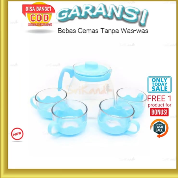Gelas Beling 1 Set Cangkir Teh Teko Tea Pot Kaca Set 5 In 1 Tahan Panas