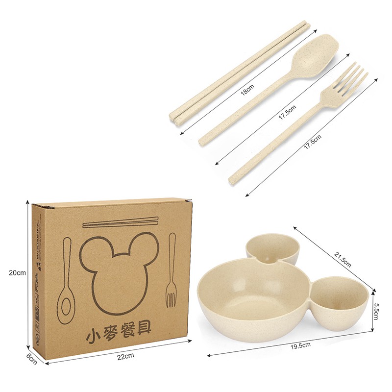 LCX Mangkok Set Peralatan Makan Anak 4 in1Bahan Jerami Gandum Children Tableware Piring Kartun