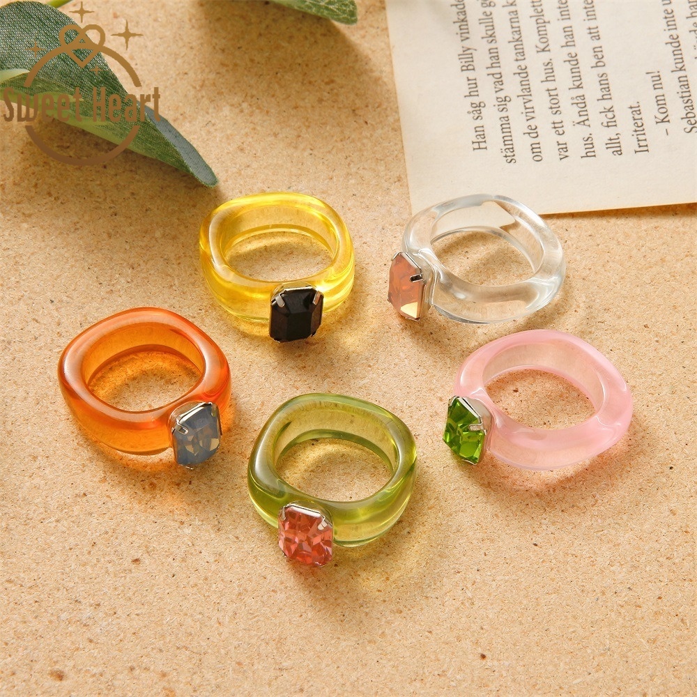 Korea Cute Design Colored Gemstone Diamond Resin Ring for Women Personality Geometric Acrylic Rings