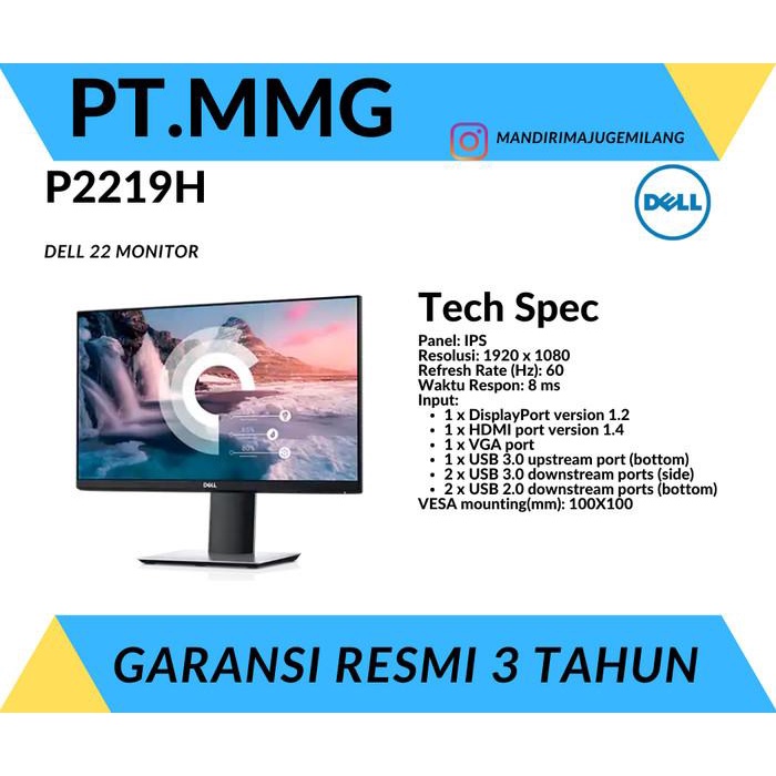 MONITOR LED DELL P2219H FOR WORK 21.5" FHD IPS 8MS HDMI DP VGA RESMI