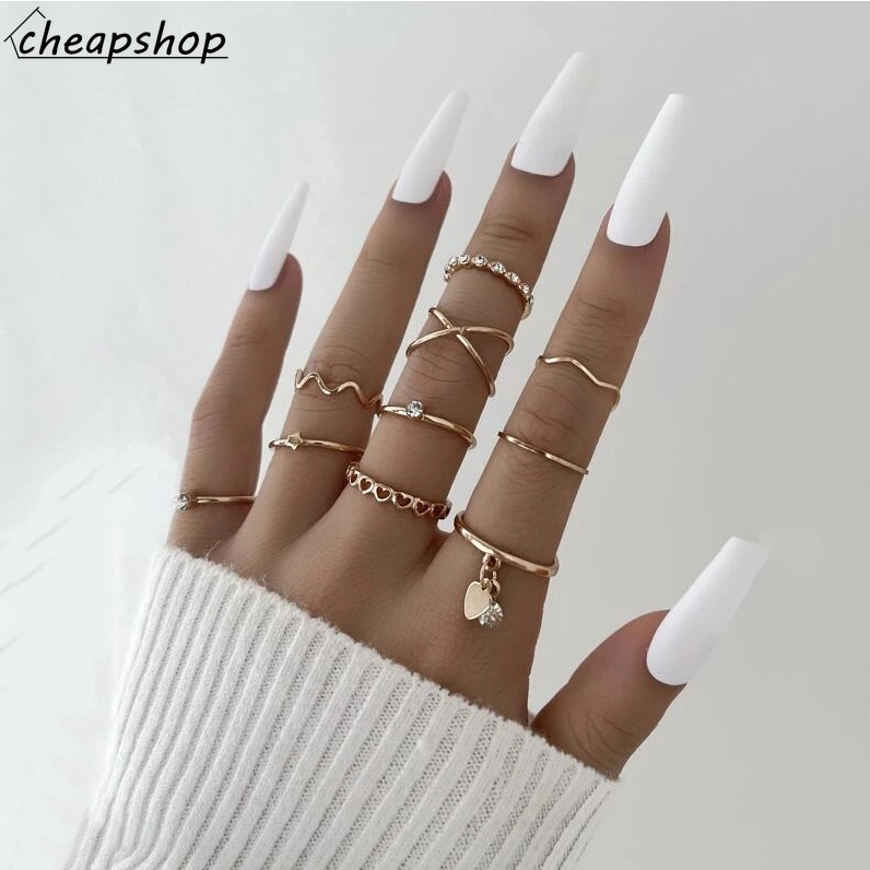 IFYOU 12pcs / set Cincin Jari Bentuk Hati Gelombang Silang Warna Silver Gaya Vintage Untuk Wanita