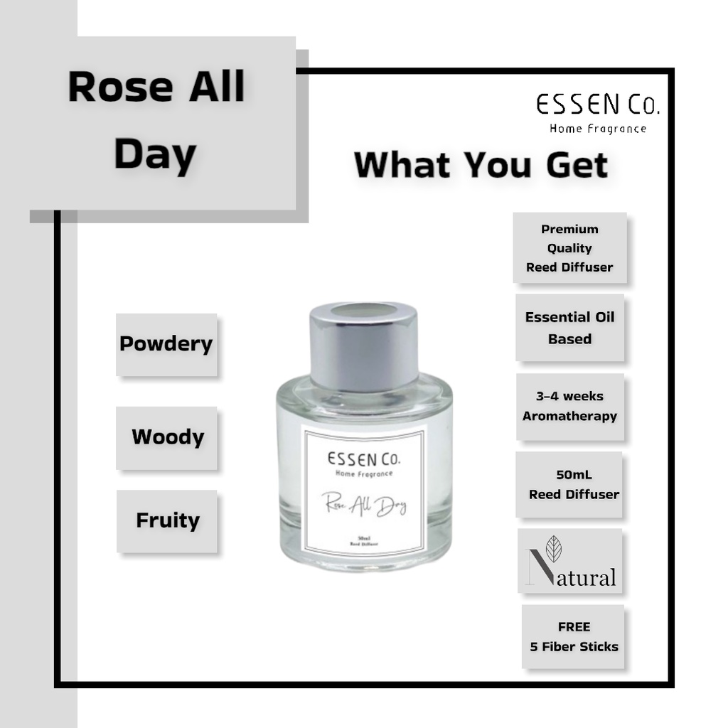 Essen Co Reed Diffuser Aromatherapy Rose All Day Pengharum Pewangi Ruangan Aromaterapi Bunga Mawar 50ml