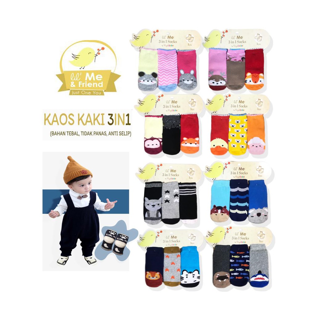 ROYALE BEBE LITTLE ME LIL ME KAOS KAKI ANAK KAOS KAKI BAYI 3 in 1 dengan anti slip 0-12 bln