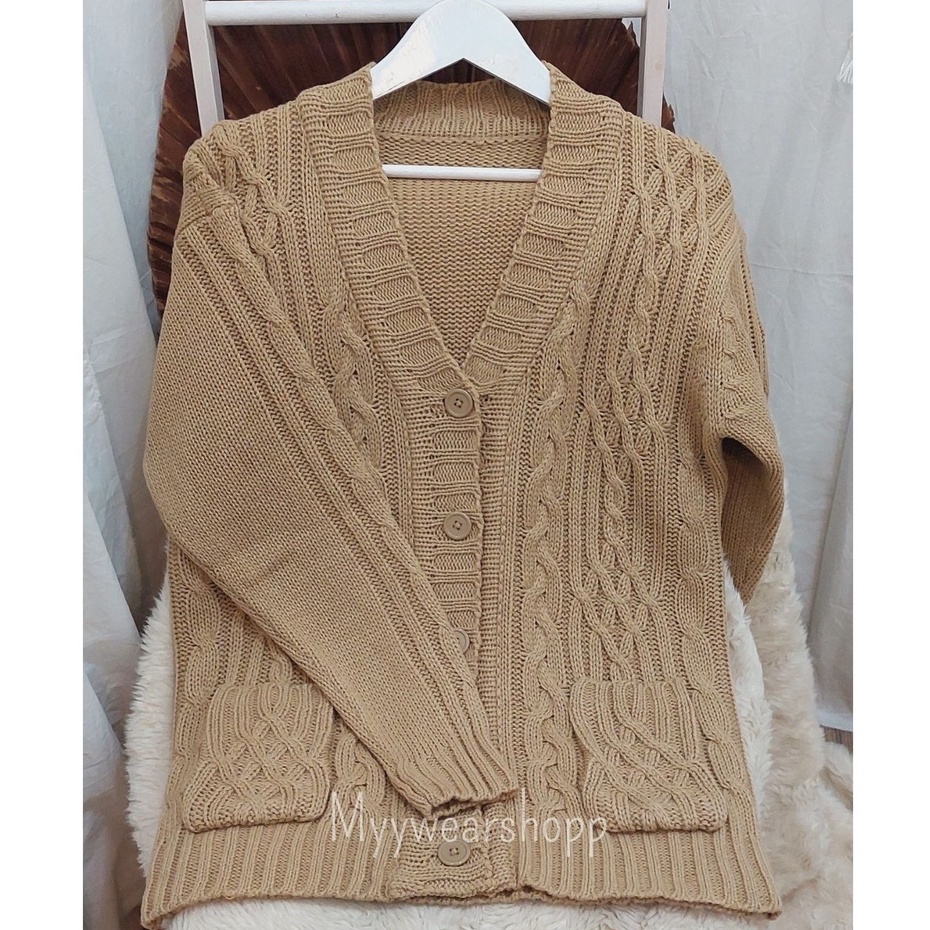CABLE CARDY kardigan rajut kepang jumbo wanita panjang cardigan kancing oversize tebal terbaru impor-BUTTER CREAM