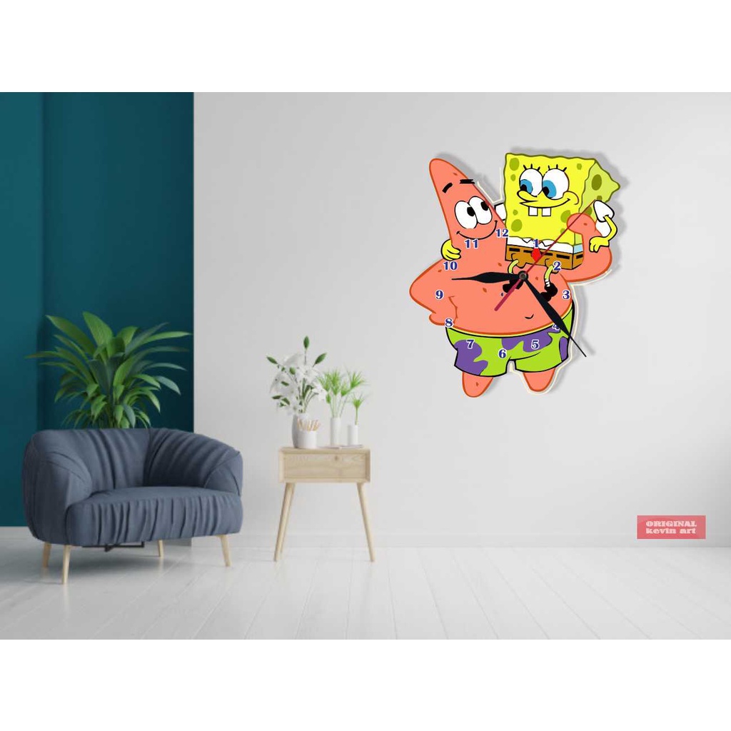 JAM DINDING ANAK ANIMASI SPONGEBOB HIASAN DEKORASI PAJANGAN UNIK BESAR KEVINART TERBARU FURNITURE